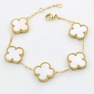 Gold White Mother of Pearl Quatrefoil Clover 5 Motifs Bracelet